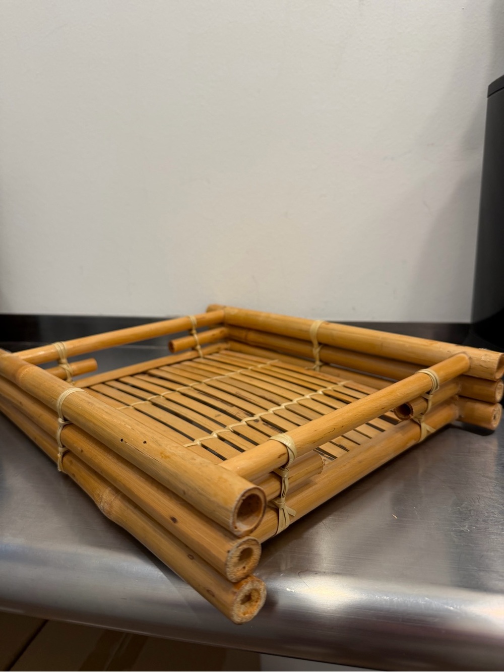 Vintage MCM Handmade Bamboo Serving Tray - Honey Tan